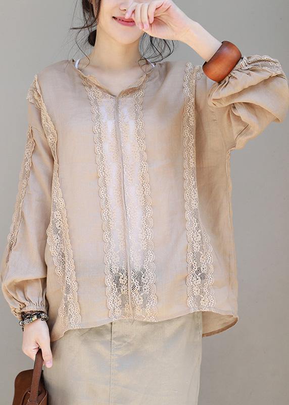 Loose Khaki Linen Clothes Lace Patchwork Loose V Neck Tops