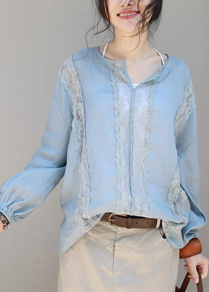 Loose khaki linen clothes lace patchwork loose v neck tops