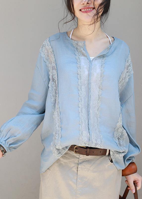 Loose Khaki Linen Clothes Lace Patchwork Loose V Neck Tops