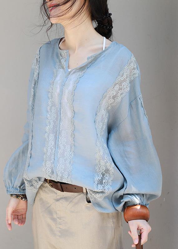 Loose Khaki Linen Clothes Lace Patchwork Loose V Neck Tops
