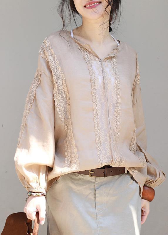Loose Khaki Linen Clothes Lace Patchwork Loose V Neck Tops