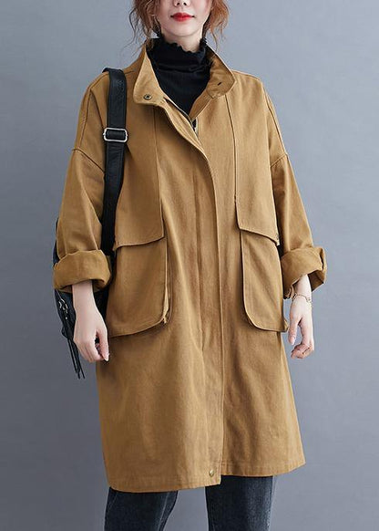 Loose Khaki Coat for Woman Outfits Stand Collar Large Pockets Coat