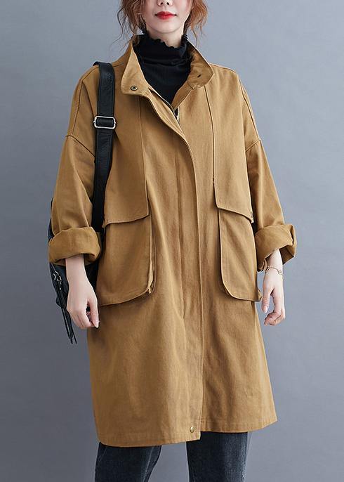 Loose Khaki Coat for Woman Outfits Stand Collar Large Pockets Coat