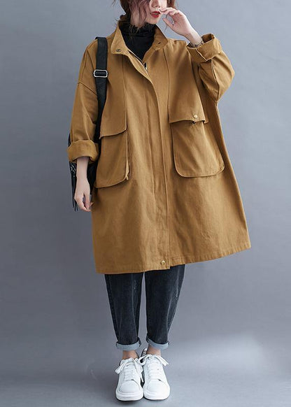 Loose Khaki Coat for Woman Outfits Stand Collar Large Pockets Coat