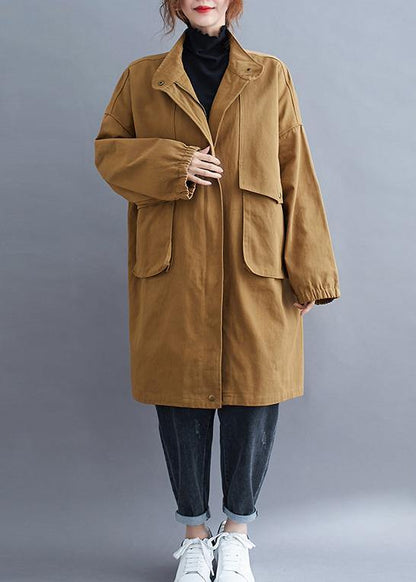 Loose Khaki Coat for Woman Outfits Stand Collar Large Pockets Coat