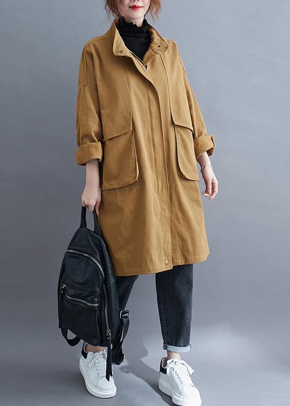 Loose Khaki Coat for Woman Outfits Stand Collar Large Pockets Coat