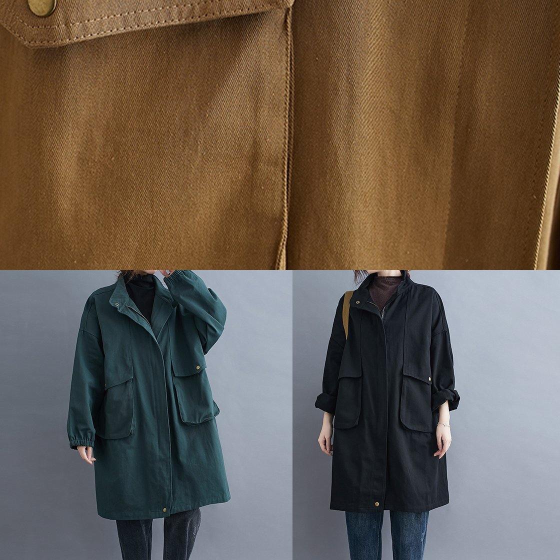 Loose Khaki Coat for Woman Outfits Stand Collar Large Pockets Coat