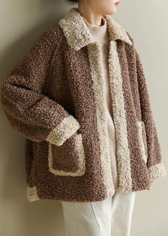 Loose Lapel Collar Fine Patchwork Coats Chocolate Daily Jackets