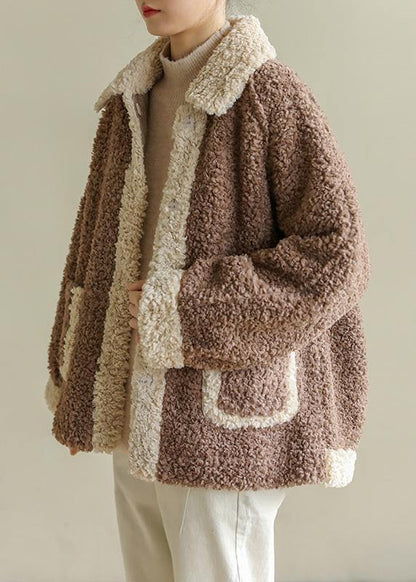 Loose Lapel Collar Fine Patchwork Coats Chocolate Daily Jackets