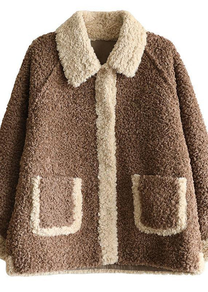 Loose Lapel Collar Fine Patchwork Coats Chocolate Daily Jackets