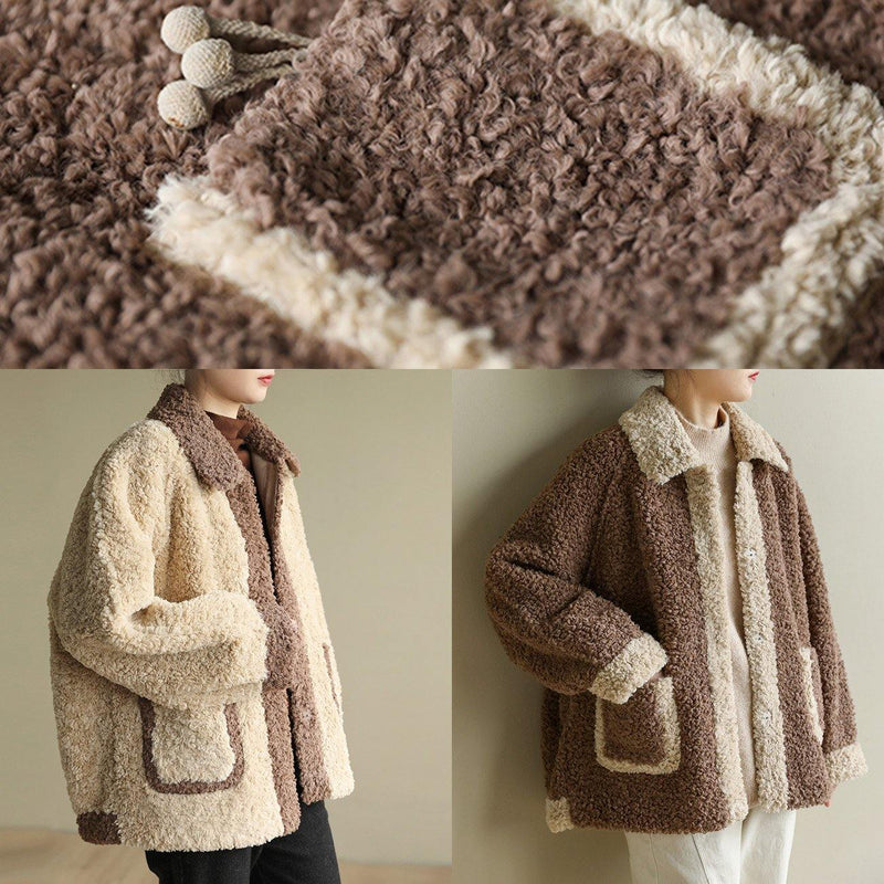 Loose Lapel Collar Fine Patchwork Coats Chocolate Daily Jackets