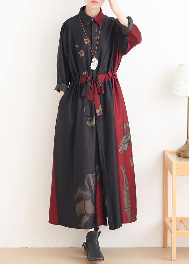 Loose Lapel Drawstring Tunic Pattern Catwalk Red Print Traveling Dresses