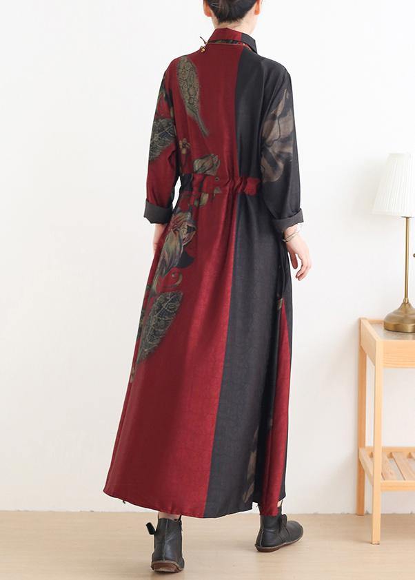 Loose Lapel Drawstring Tunic Pattern Catwalk Red Print Traveling Dresses