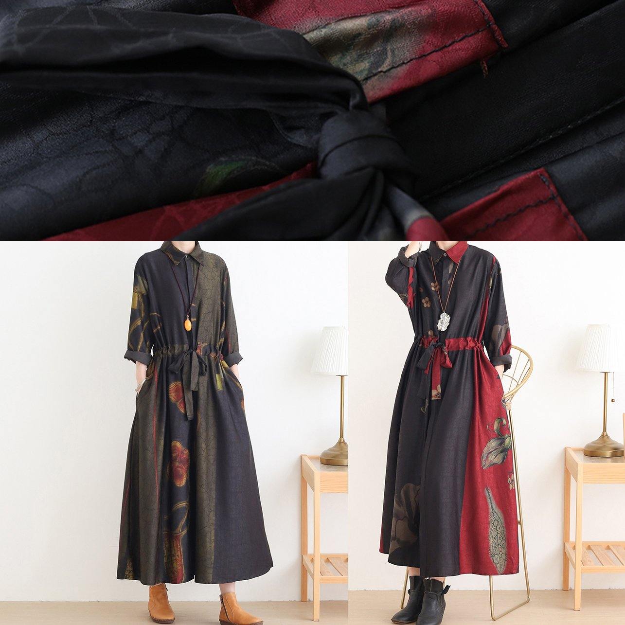 Loose Lapel Drawstring Tunic Pattern Catwalk Red Print Traveling Dresses