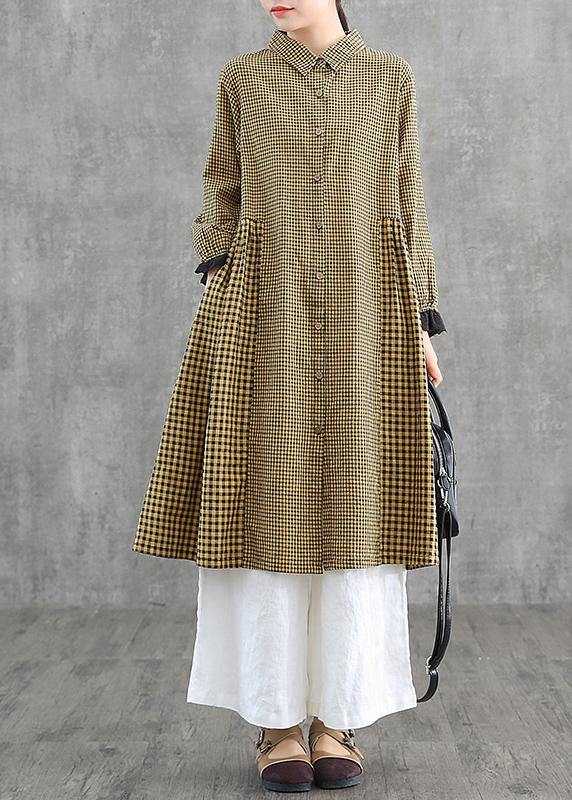 Loose Lapel Patchwork Cotton Wardrobes Tunic Tops Yellow Plaid Dress