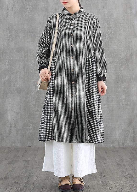 Loose Lapel Patchwork Cotton Wardrobes Tunic Tops Yellow Plaid Dress