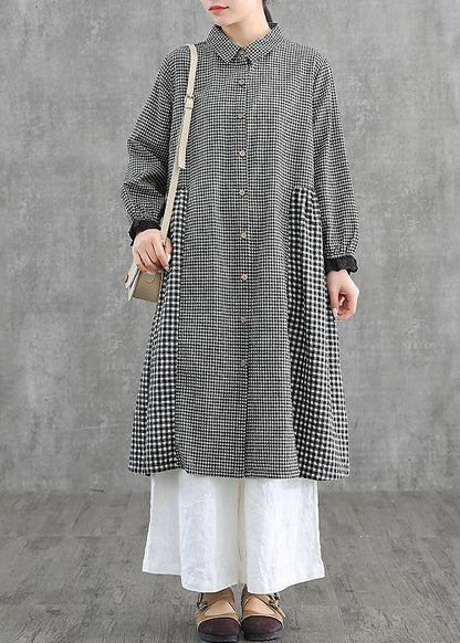 Loose Lapel Patchwork Cotton Wardrobes Tunic Tops Yellow Plaid Dress