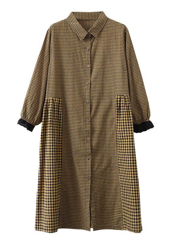 Loose Lapel Patchwork Cotton Wardrobes Tunic Tops Yellow Plaid Dress