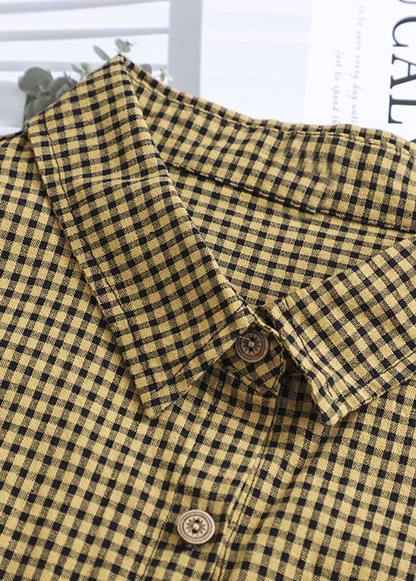 Loose Lapel Patchwork Cotton Wardrobes Tunic Tops Yellow Plaid Dress