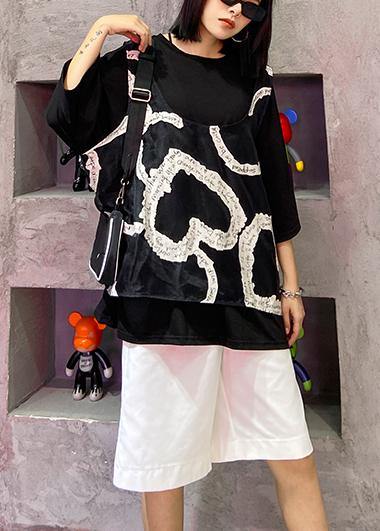 Loose Large Size Black Short Sleeve + Mesh Vest Two-piece Blouse