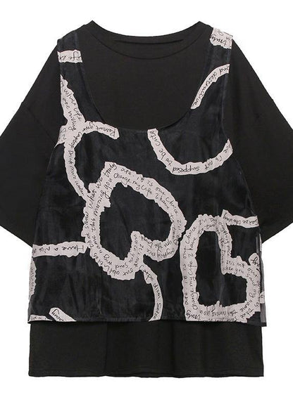 Loose Large Size Black Short Sleeve + Mesh Vest Two-piece Blouse