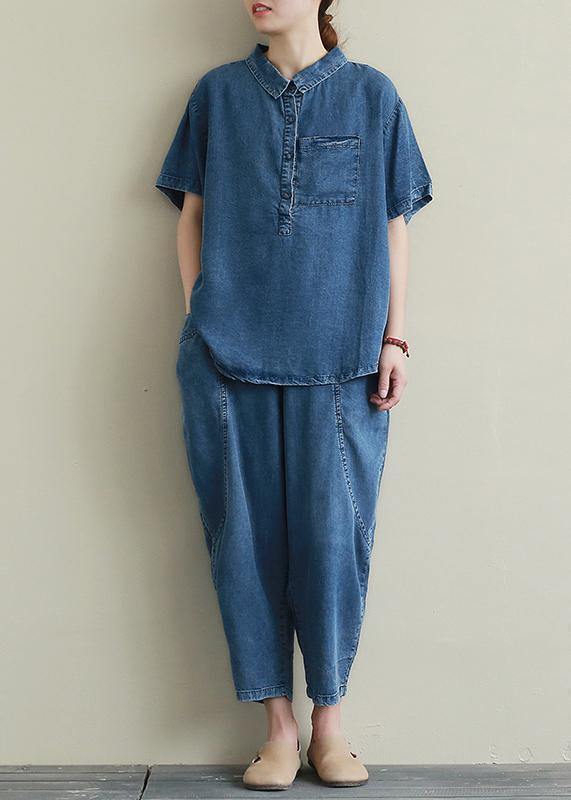 Loose Large Size Thin Section Blue Denim Suit Female Lapel Short Sleeve Shirt Harem Pants Two-piece Suit