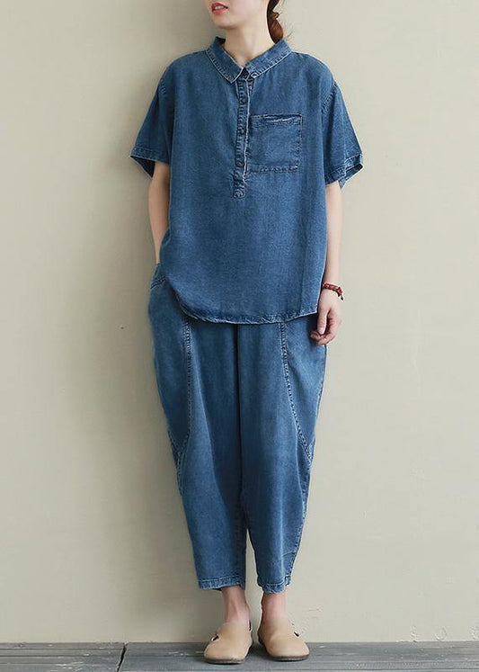 Loose Large Size Thin Section Blue Denim Suit Female Lapel Short Sleeve Shirt Harem Pants Two-piece Suit
