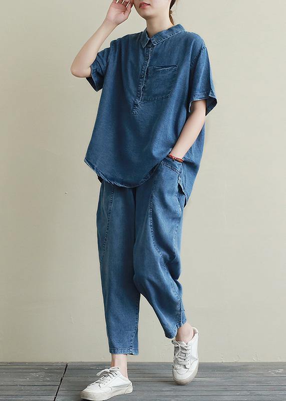 Loose Large Size Thin Section Blue Denim Suit Female Lapel Short Sleeve Shirt Harem Pants Two-piece Suit