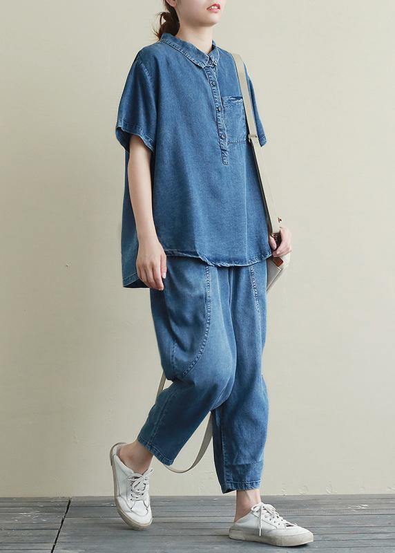 Loose Large Size Thin Section Blue Denim Suit Female Lapel Short Sleeve Shirt Harem Pants Two-piece Suit