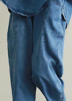 Loose Large Size Thin Section Blue Denim Suit Female Lapel Short Sleeve Shirt Harem Pants Two-piece Suit
