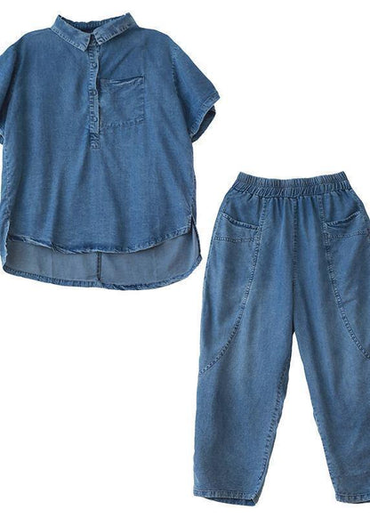 Loose Large Size Thin Section Blue Denim Suit Female Lapel Short Sleeve Shirt Harem Pants Two-piece Suit