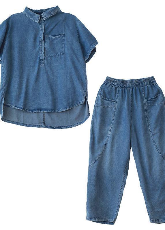 Loose Large Size Thin Section Blue Denim Suit Female Lapel Short Sleeve Shirt Harem Pants Two-piece Suit