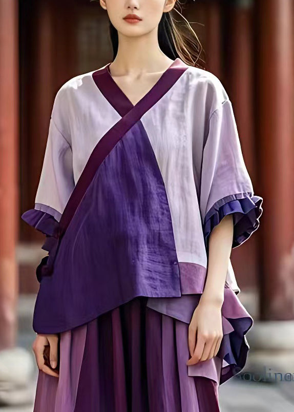 Loose Light Purple Patchwork Low High Design T Shirt Summer