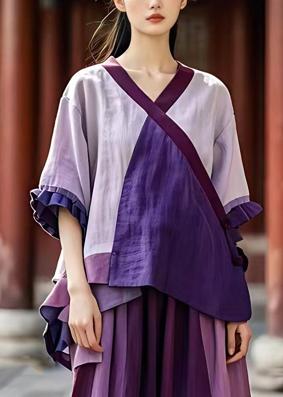 Loose Light Purple Patchwork Low High Design T Shirt Summer