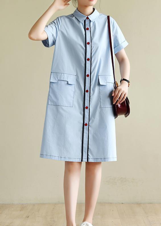 Loose Light Blue Dress Silhouette Lapel Pockets Box Summer Shirts