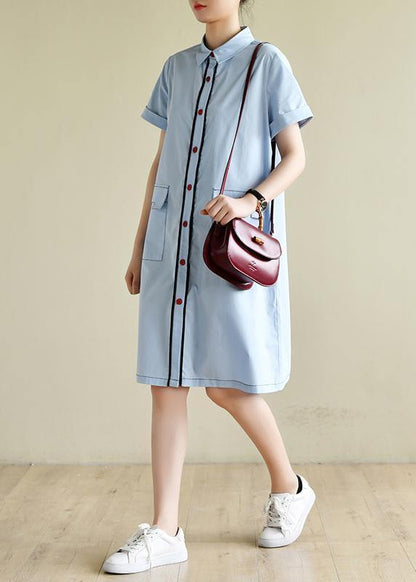 Loose Light Blue Dress Silhouette Lapel Pockets Box Summer Shirts