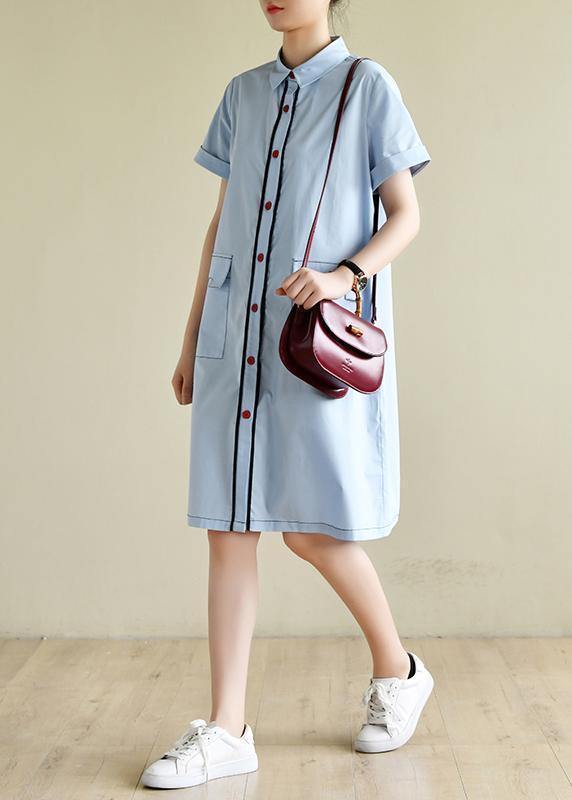 Loose Light Blue Dress Silhouette Lapel Pockets Box Summer Shirts