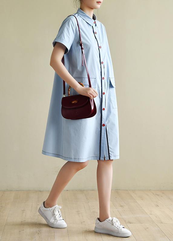 Loose Light Blue Dress Silhouette Lapel Pockets Box Summer Shirts