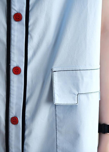 Loose Light Blue Dress Silhouette Lapel Pockets Box Summer Shirts
