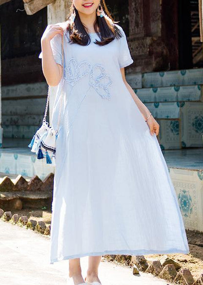 Loose Light Blue Linen Dress O Neck Pockets Love Summer Dress