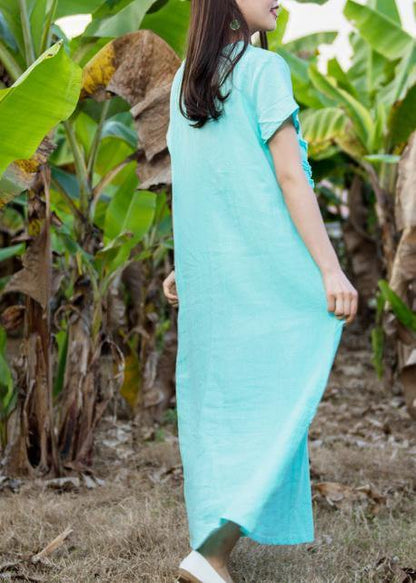 Loose Light Blue Linen Dress O Neck Pockets Love Summer Dress
