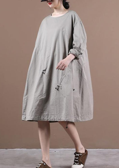 Loose Light Gray Outfit O Neck Drawstring Short Dresses