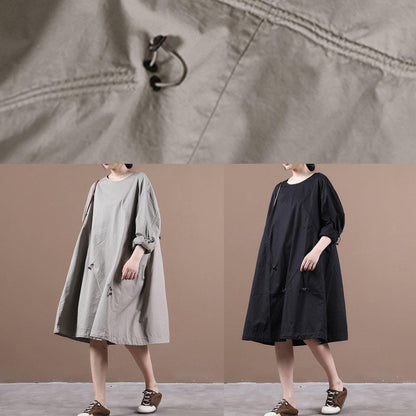 Loose Light Gray Outfit O Neck Drawstring Short Dresses