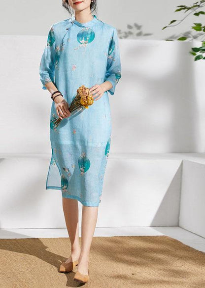 Loose Light Green Print Linen Dress Stand Collar Patchwork Knee Dress