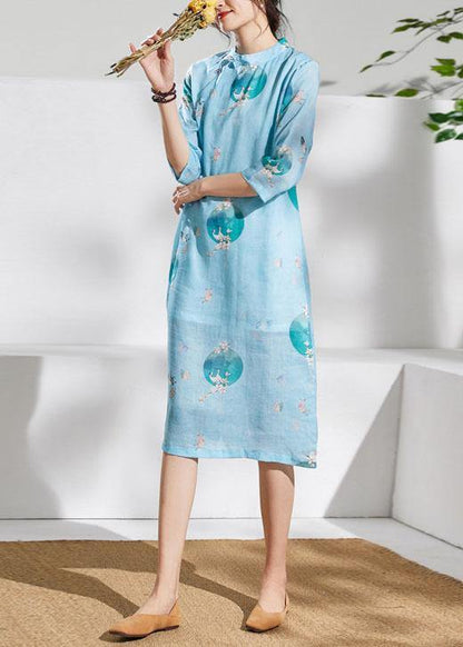 Loose Light Green Print Linen Dress Stand Collar Patchwork Knee Dress