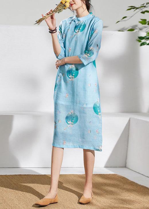 Loose Light Green Print Linen Dress Stand Collar Patchwork Knee Dress