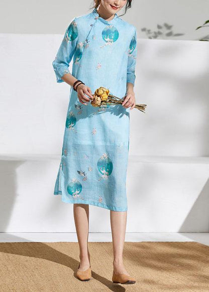 Loose Light Green Print Linen Dress Stand Collar Patchwork Knee Dress