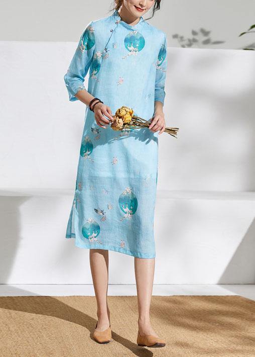 Loose Light Green Print Linen Dress Stand Collar Patchwork Knee Dress