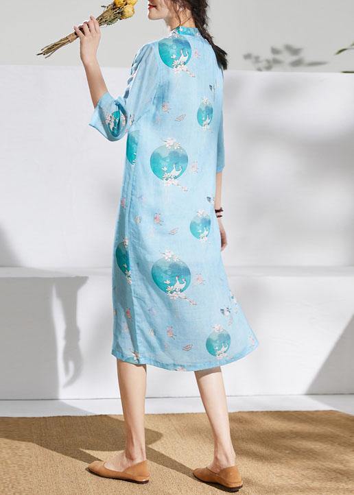 Loose Light Green Print Linen Dress Stand Collar Patchwork Knee Dress