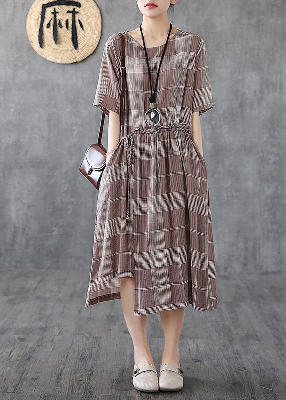 Loose Light Purple Plaid Cotton Robes O Neck Asymmetric Maxi Dress